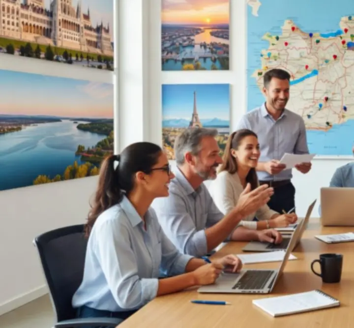 A BUDGET TRAVEL TRENDS csapata utazási trendeket tervez egy közös megbeszélésen.
